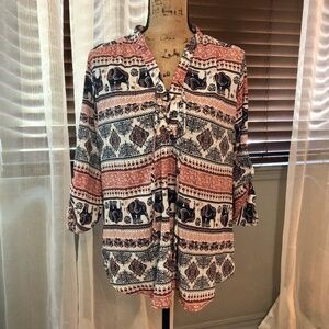 Women's Rue21 Elephant Aztec Print Size L 3/4 Sleeve Pullover Blouse Top Shirt